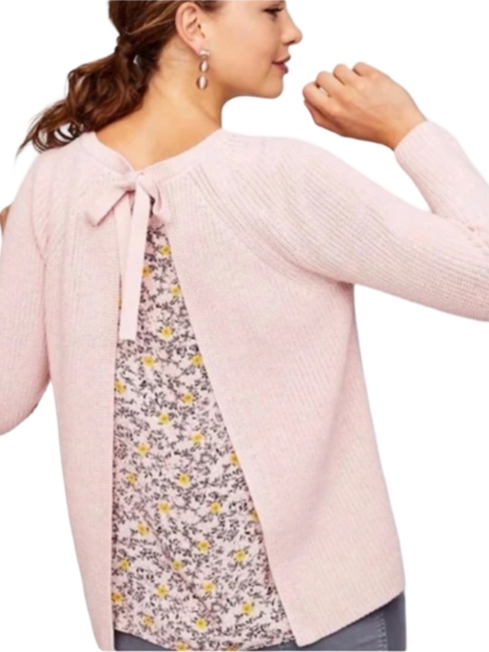 LOFT Women’s Light Pink Bow-Back Layered Floral Knit Sweater Small EUC